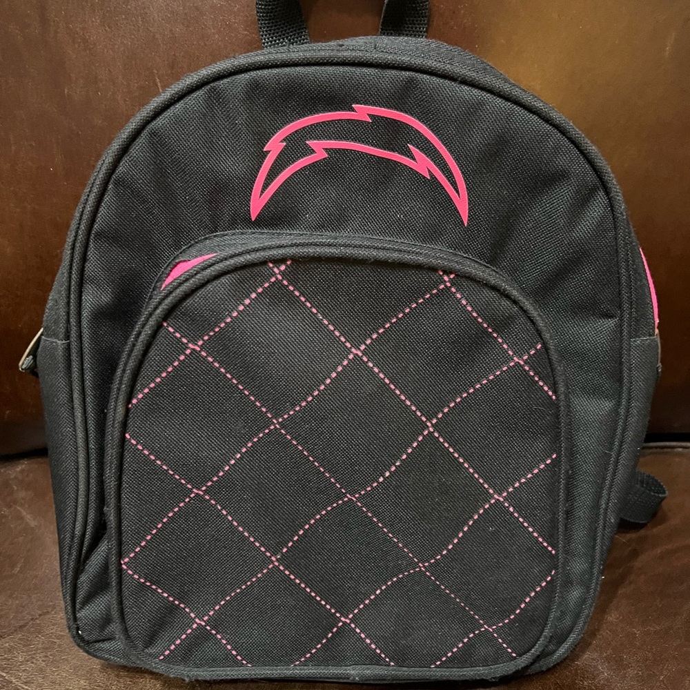 Small black & pink backpack with pink Chargers logo